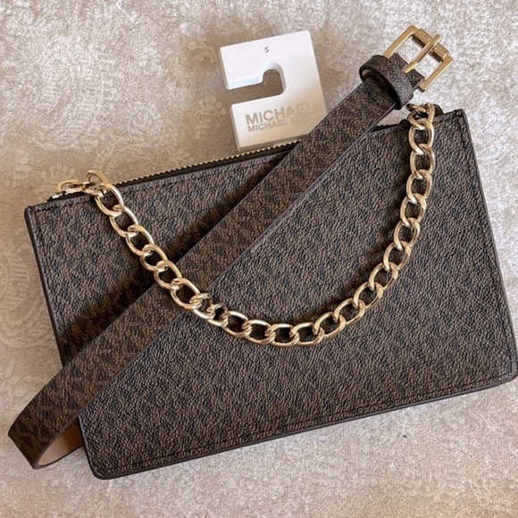 Brand New Michael Kors Brown Zippered Logo Belt Bag Gold Tone Chain Fanny Pack